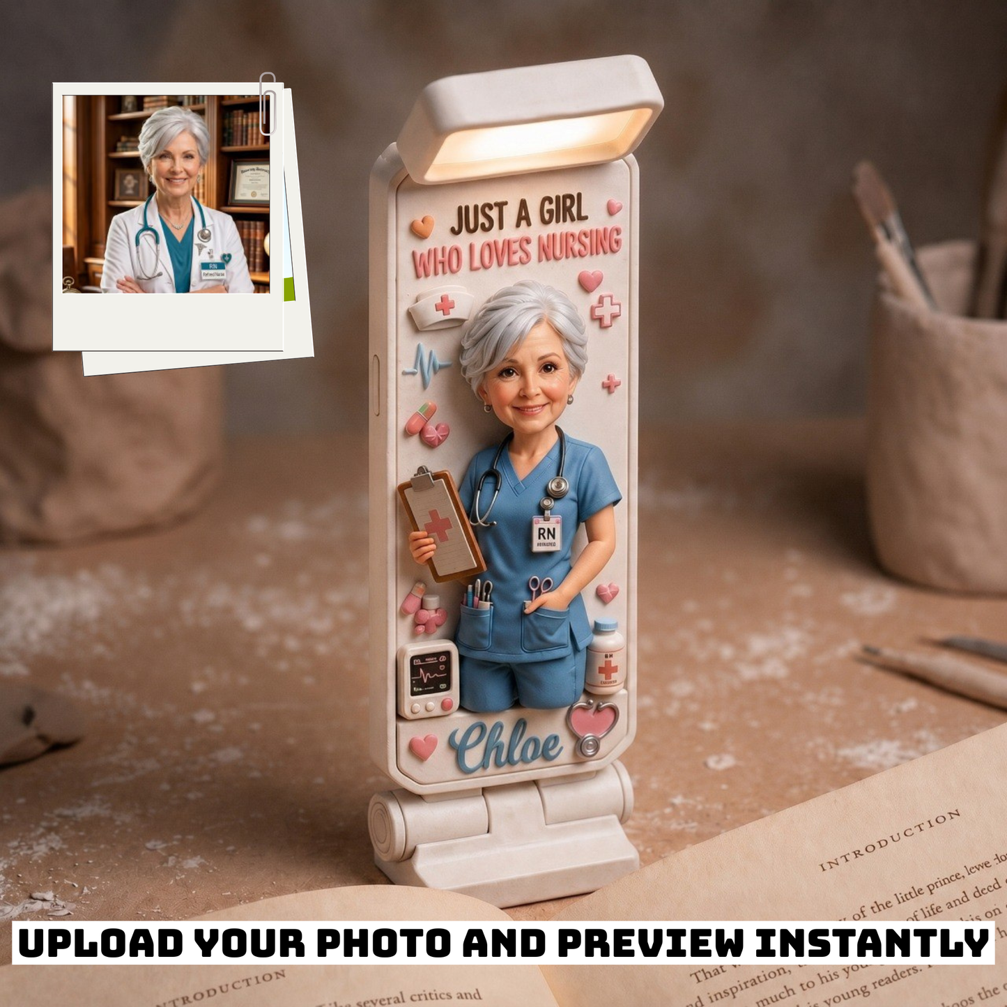 Personalized Nurse Clip LED Reading Lamp With Custom Photo – Just A Girl Who Loves Nursing Custom Name Book Light