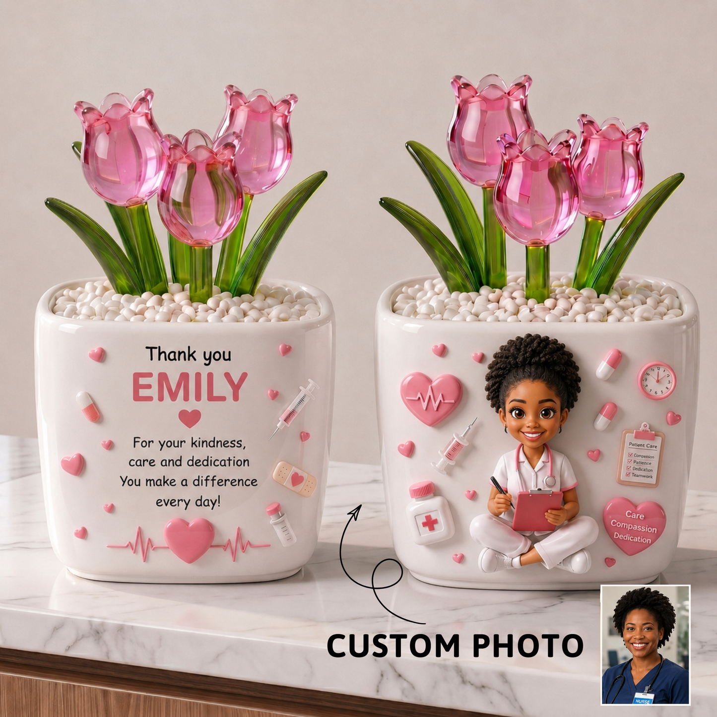 Personalized Nurse Glass Tulip Flower Pot – Forever Blooming Thank You Gift for Nurses | Custom Photo Ceramic Desk Decor