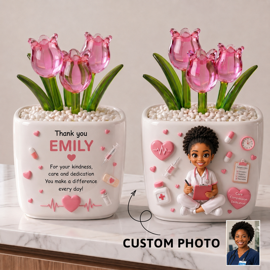 Personalized Nurse Glass Tulip Flower Pot – Forever Blooming Thank You Gift for Nurses | Custom Photo Ceramic Desk Decor