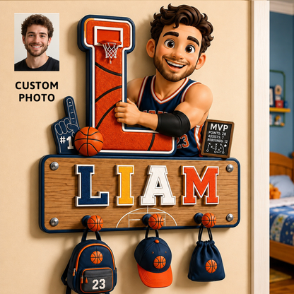 Personalized Basketball Boy Wooden Key Holder With Shelf – Custom Photo Wall Hook Organizer, Basketball Room Decor Gift For Kids & Players