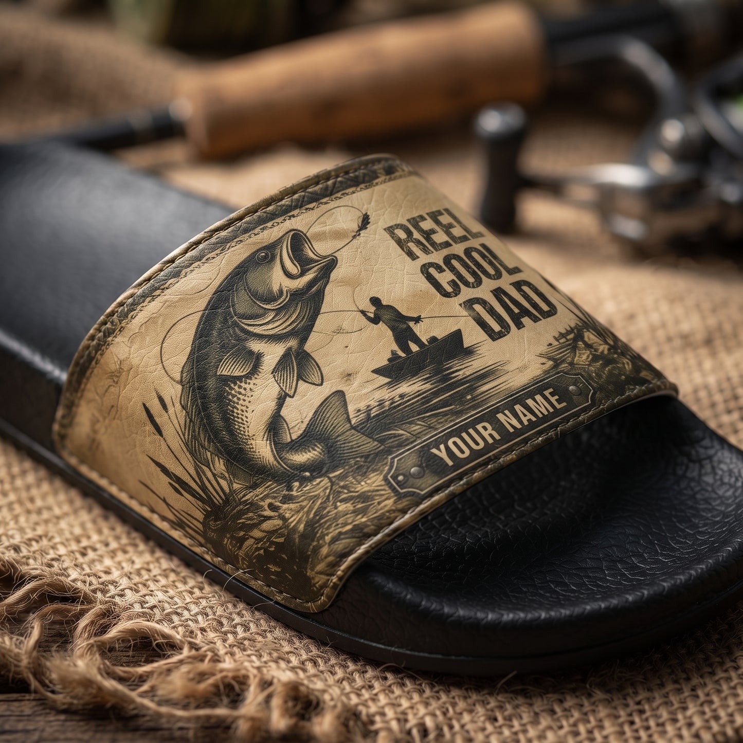 Personalized Fishing Dad Slide Sandals – Reel Cool Dad, Born To Fish Custom Name Gift for Fishermen