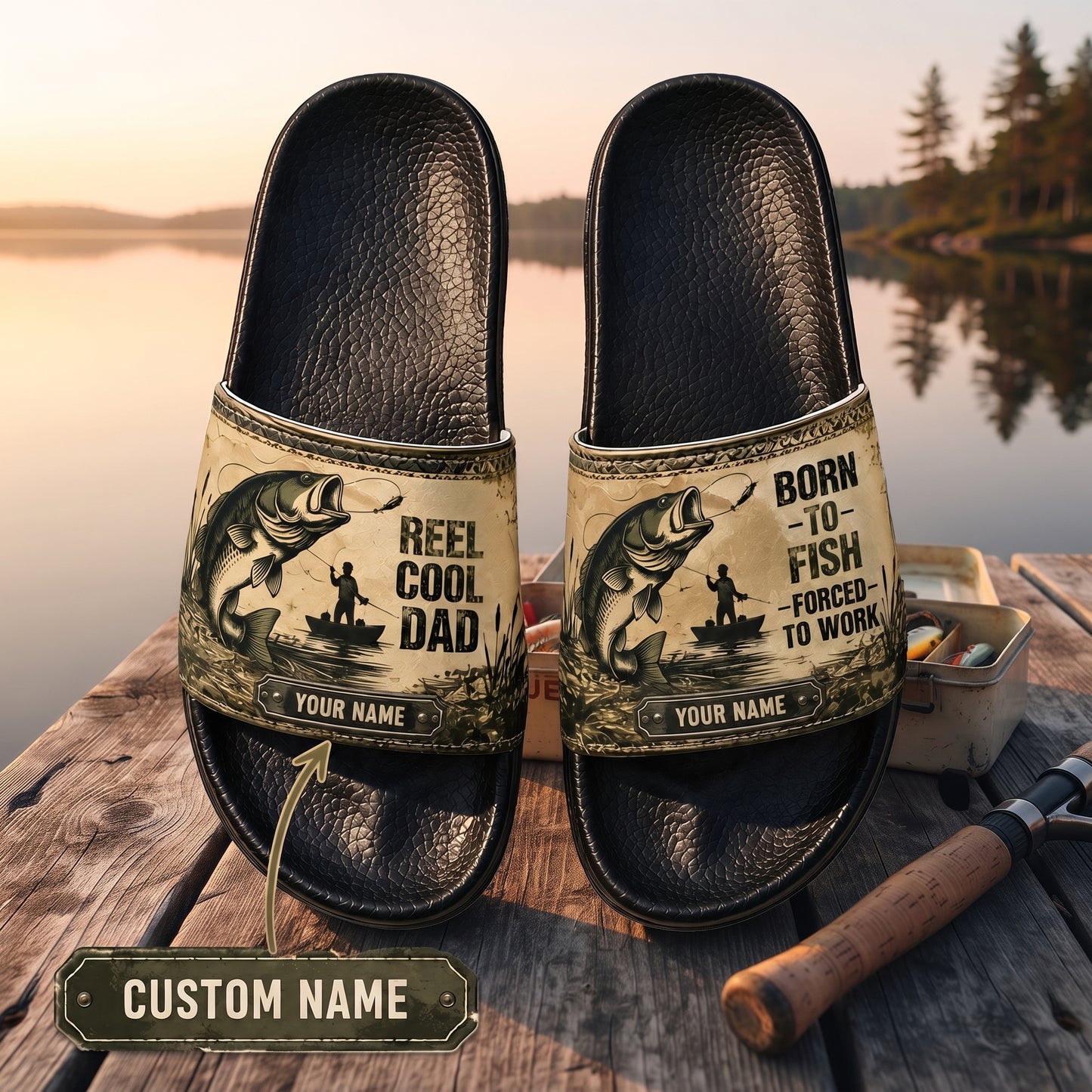 Personalized Fishing Dad Slide Sandals – Reel Cool Dad, Born To Fish Custom Name Gift for Fishermen