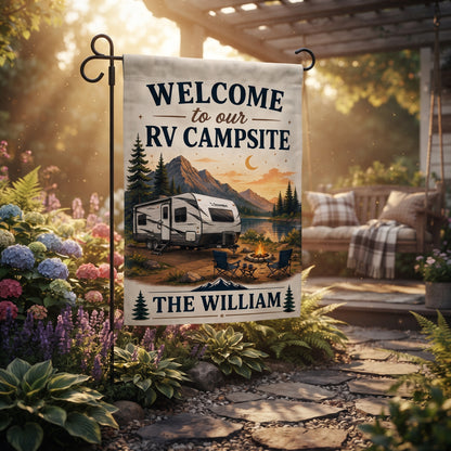 Personalized Welcome To Our RV Campsite Garden Flag – Custom Family Name Camping Flag, RV Camper Outdoor Decor Gift
