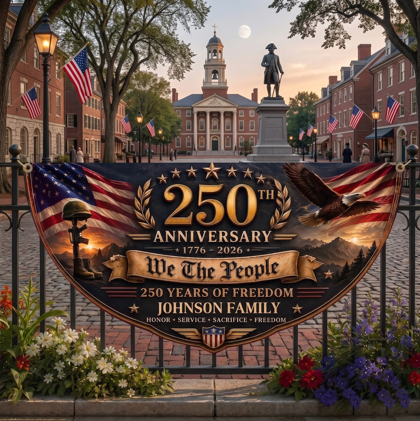 Personalized 250th Anniversary Bunting Flag, Custom Family Name Patriotic Banner 1776-2026, USA Semiquincentennial Decor, 4th of July Flag