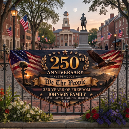 Personalized 250th Anniversary Bunting Flag, Custom Family Name Patriotic Banner 1776-2026, USA Semiquincentennial Decor, 4th of July Flag