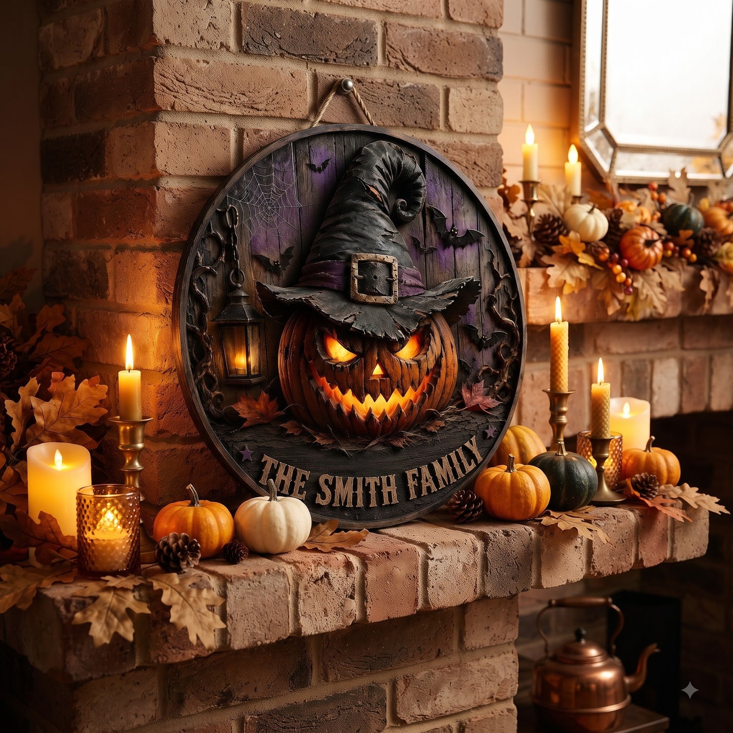 Personalized Halloween Pumpkin Witch Door Sign – Custom Family Name Wooden Hanging Decor