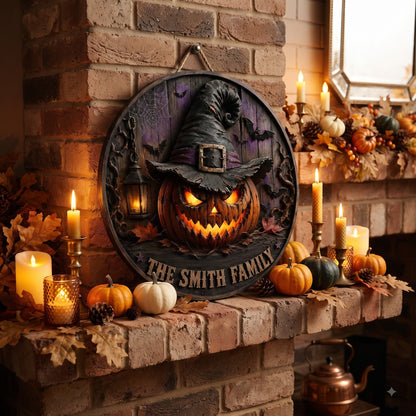 Personalized Halloween Pumpkin Witch Door Sign – Custom Family Name Wooden Hanging Decor