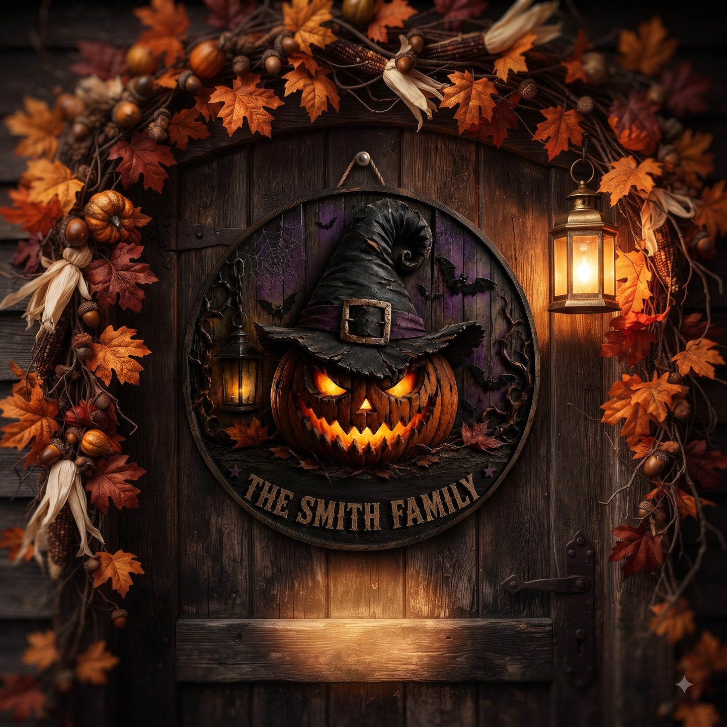 Personalized Halloween Pumpkin Witch Door Sign – Custom Family Name Wooden Hanging Decor
