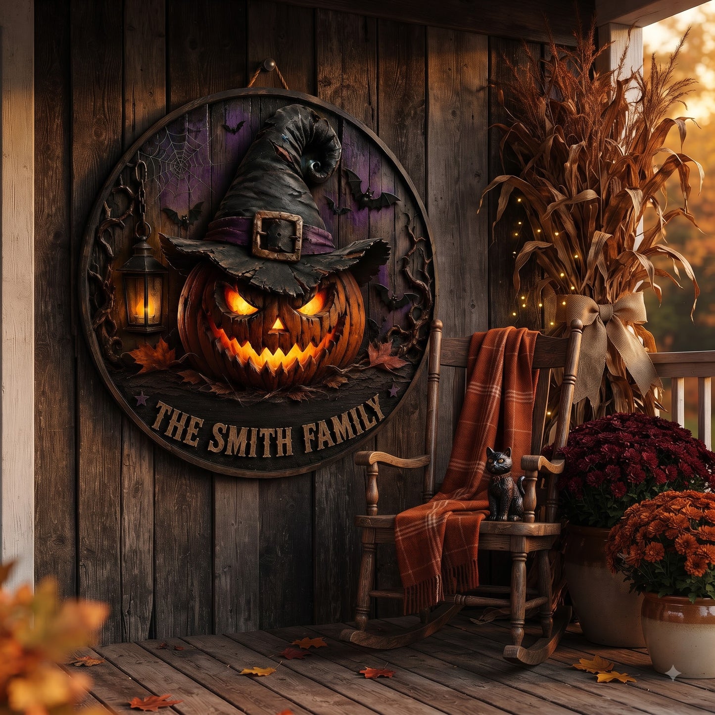 Personalized Halloween Pumpkin Witch Door Sign – Custom Family Name Wooden Hanging Decor