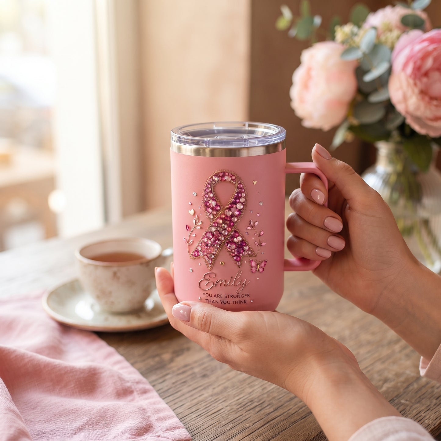Personalized Pink Breast Cancer Awareness Crystal Ribbon Insulated Mug With Handle