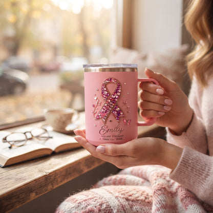 Personalized Pink Breast Cancer Awareness Crystal Ribbon Insulated Mug With Handle