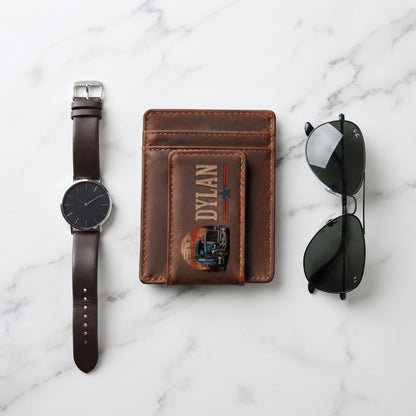 Personalized Trucker Leather Magnetic Money Clip Wallet – Custom Name Laser Engraved Wallet for Truck Drivers, Trucker Gift for Him