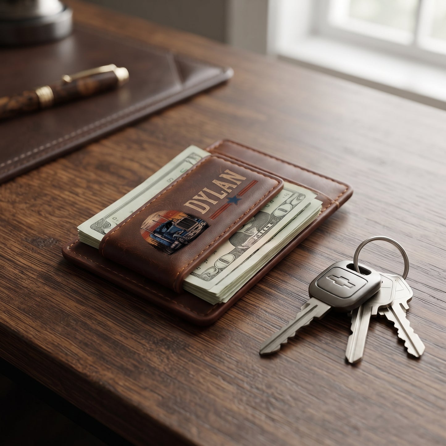 Personalized Trucker Leather Magnetic Money Clip Wallet – Custom Name Laser Engraved Wallet for Truck Drivers, Trucker Gift for Him