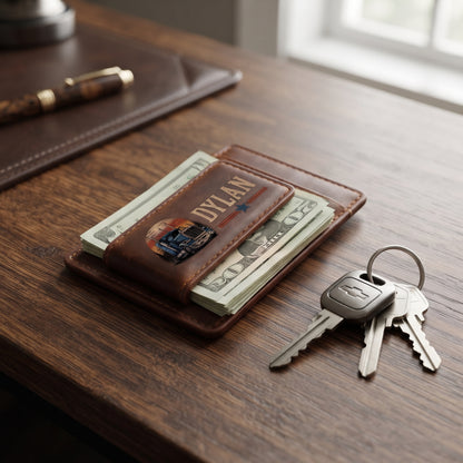 Personalized Trucker Leather Magnetic Money Clip Wallet – Custom Name Laser Engraved Wallet for Truck Drivers, Trucker Gift for Him