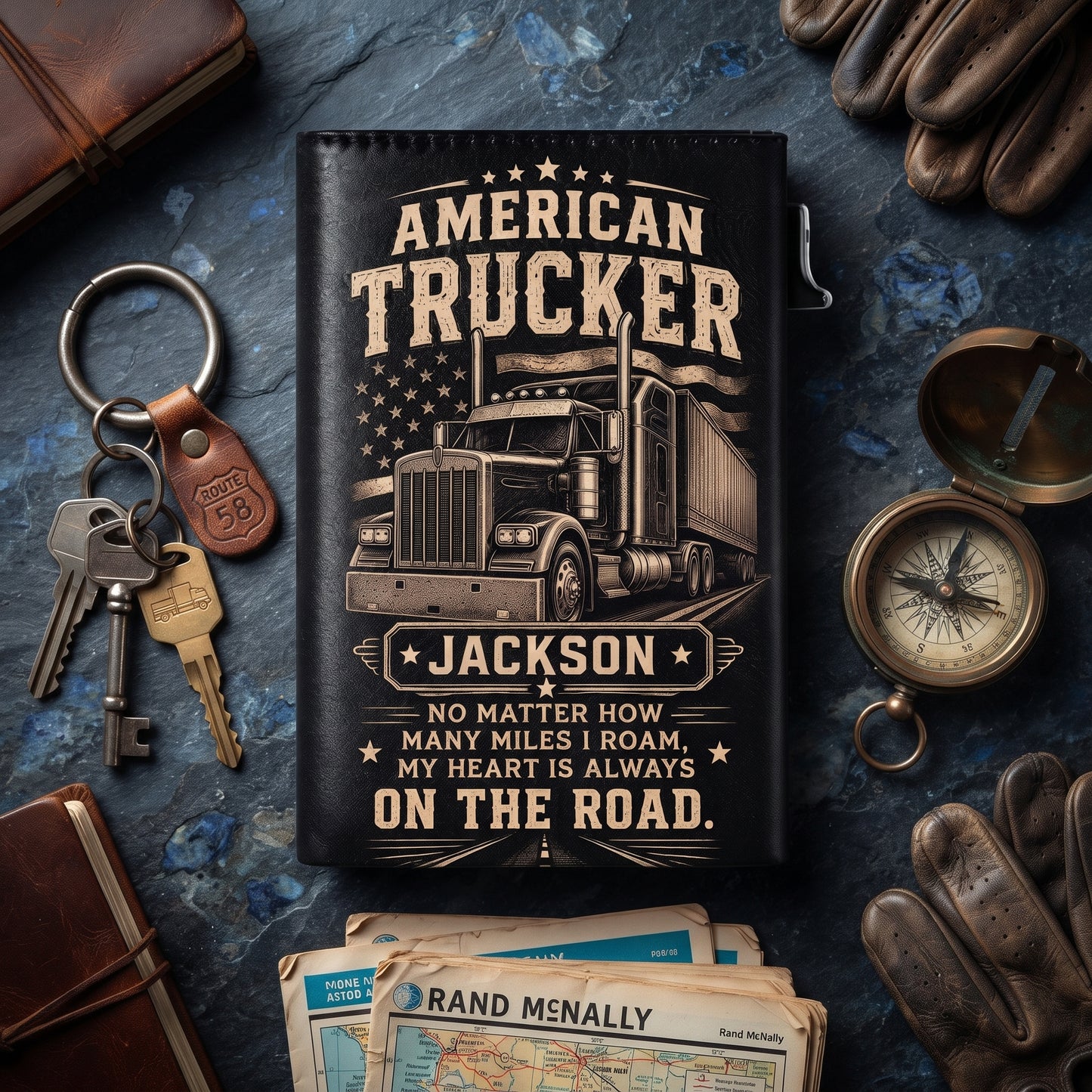 Personalized American Trucker Pop-Up Wallet – Custom Name RFID Blocking Leather Card Holder, Semi Truck Driver Gift