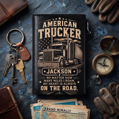 Personalized American Trucker Pop-Up Wallet – Custom Name RFID Blocking Leather Card Holder, Semi Truck Driver Gift