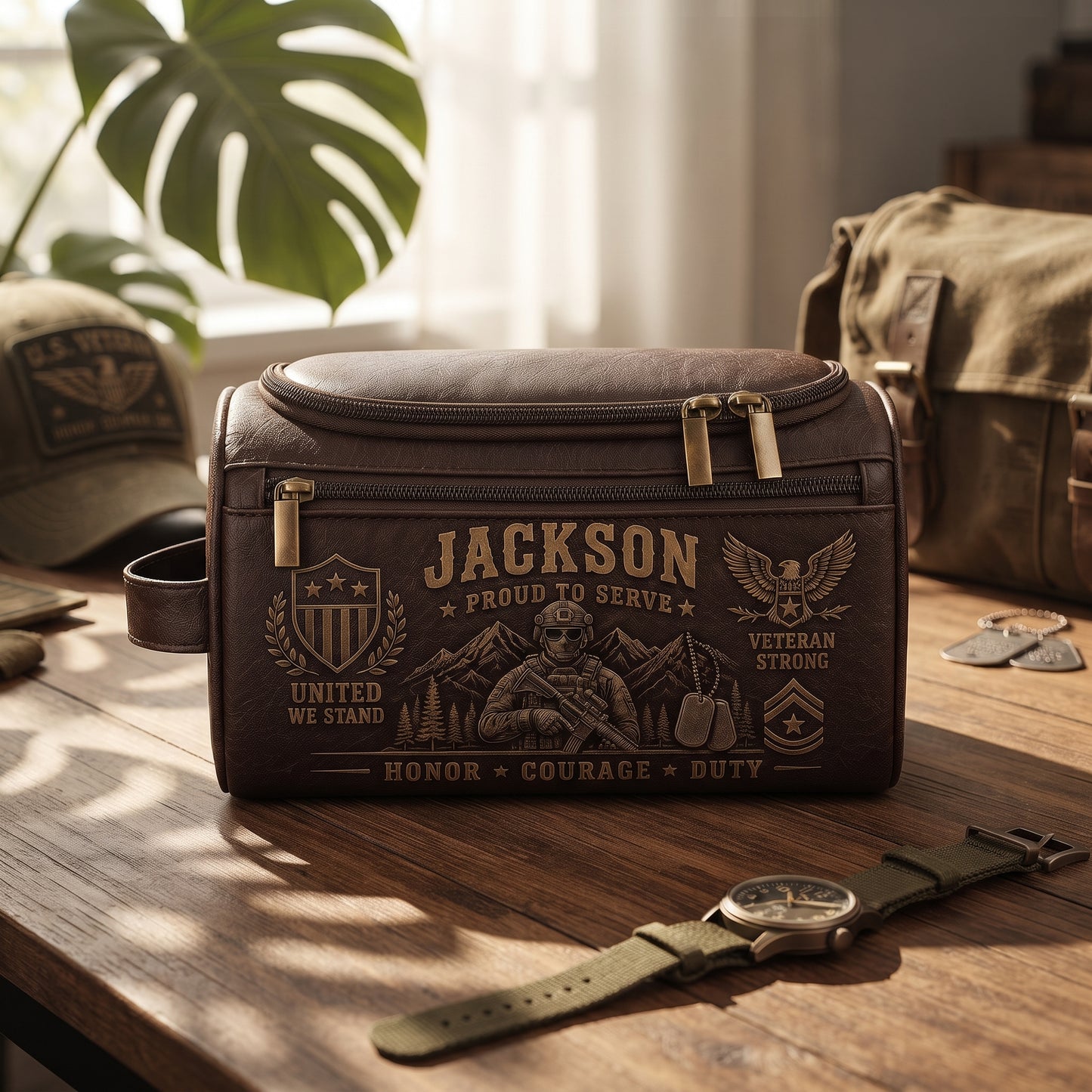 Personalized Military Veteran Leather Toiletry Bag – Proud To Serve Travel Dopp Kit Gift For Him