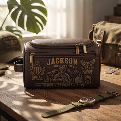 Personalized Military Veteran Leather Toiletry Bag – Proud To Serve Travel Dopp Kit Gift For Him