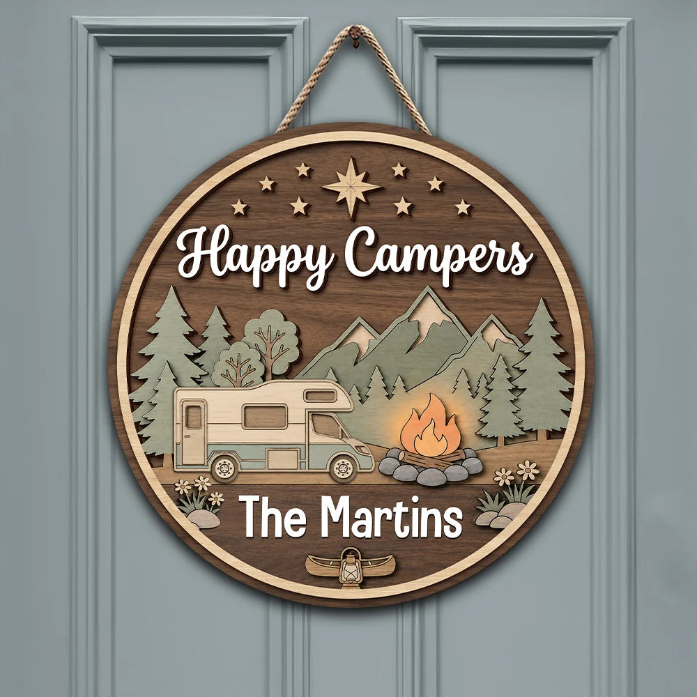 Happy Campers Family Camping - Personalized Wooden Round Sign