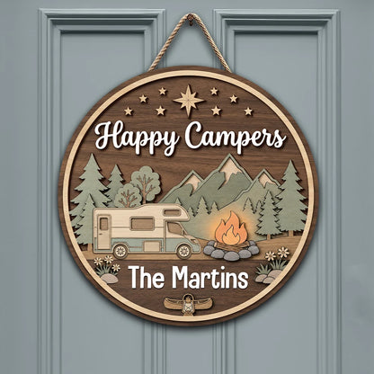 Happy Campers Family Camping - Personalized Wooden Round Sign
