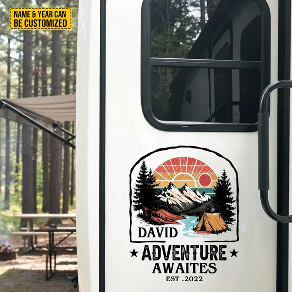 Personalized Adventure Awaits RV Decal with Custom Name & Year – Camping Mountain Travel Trailer Sticker for Camper, Motorhome & Outdoor Lovers