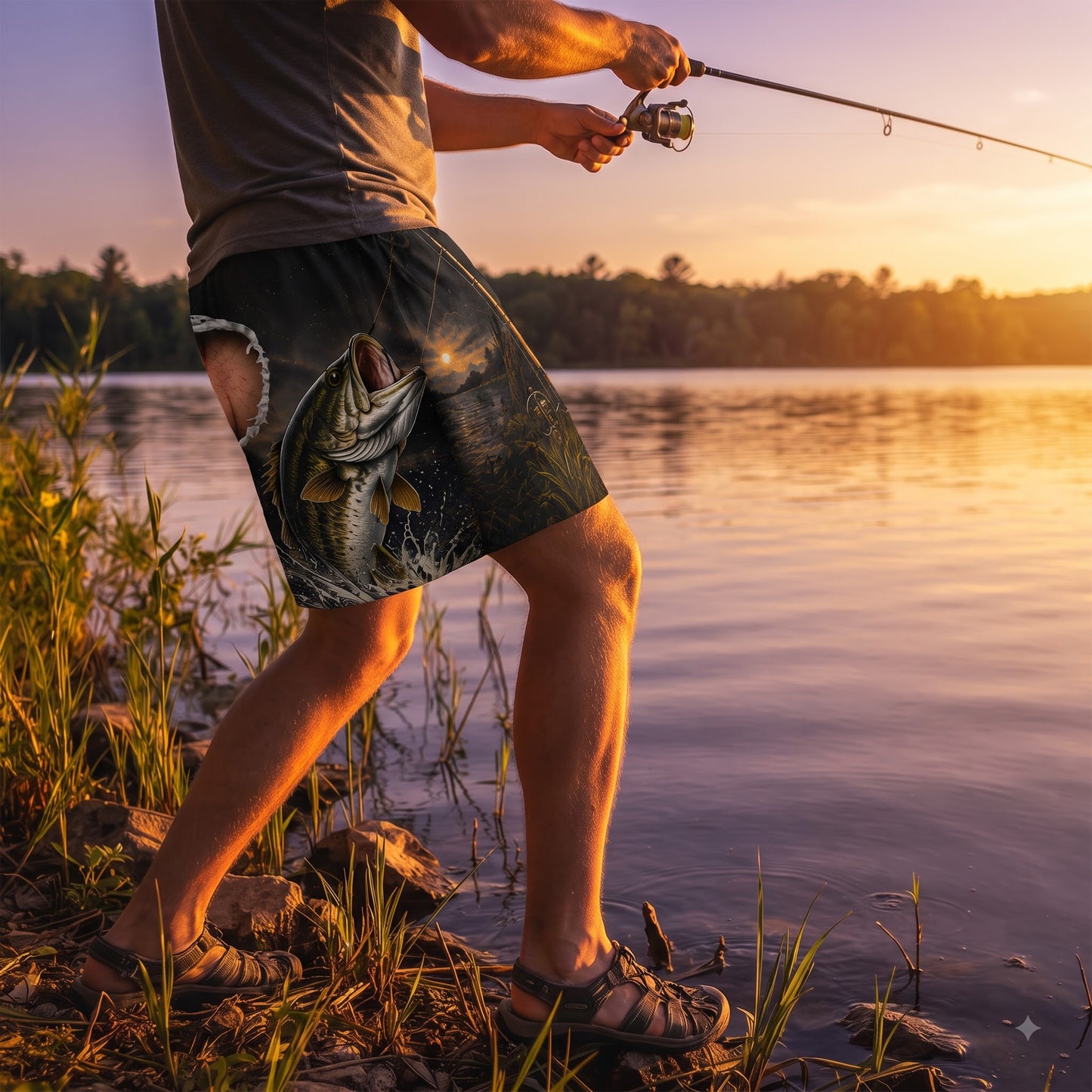 Funny Fishing Ripped Back Men’s Beach Shorts – Catch Relax Repeat Bass Swim Trunks
