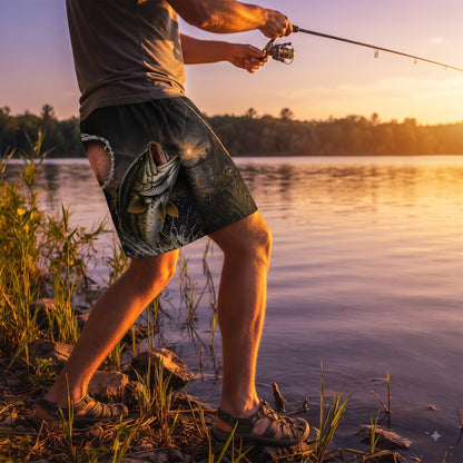 Funny Fishing Ripped Back Men’s Beach Shorts – Catch Relax Repeat Bass Swim Trunks