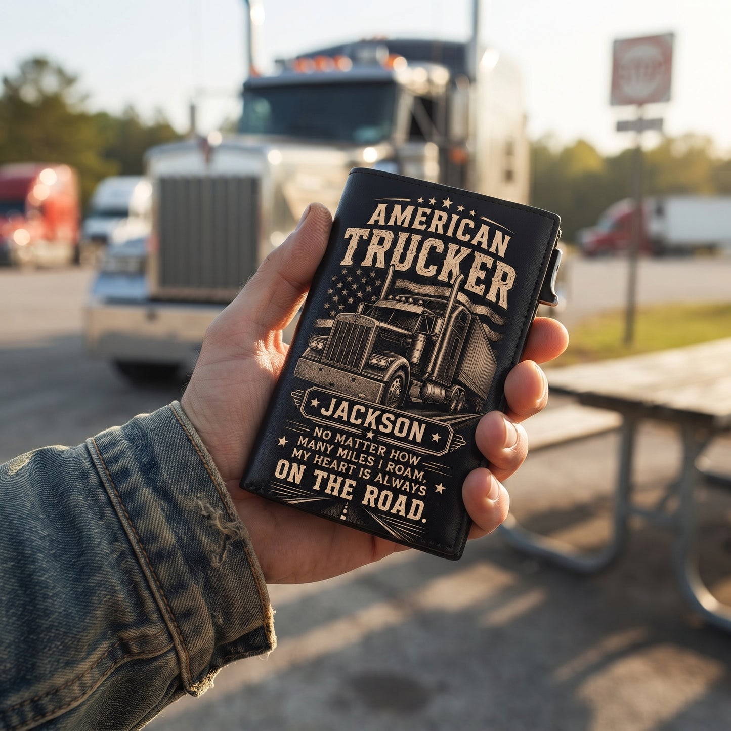 Personalized American Trucker Pop-Up Wallet – Custom Name RFID Blocking Leather Card Holder, Semi Truck Driver Gift