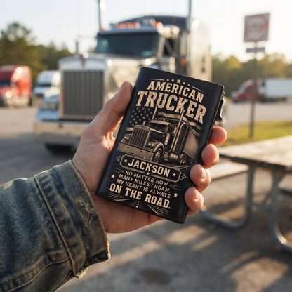 Personalized American Trucker Pop-Up Wallet – Custom Name RFID Blocking Leather Card Holder, Semi Truck Driver Gift