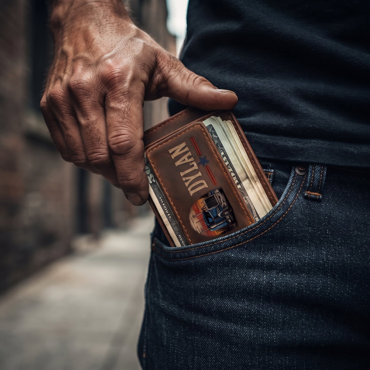 Personalized Trucker Leather Magnetic Money Clip Wallet – Custom Name Laser Engraved Wallet for Truck Drivers, Trucker Gift for Him