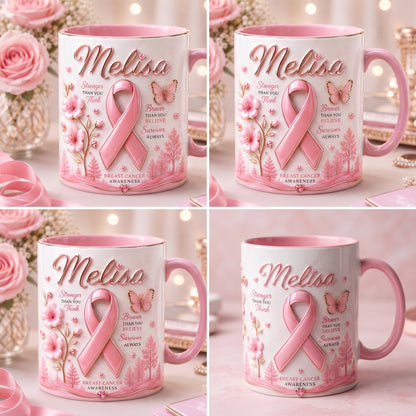 Personalized Breast Cancer Awareness Mug – Stronger, Braver, Survivor Gift