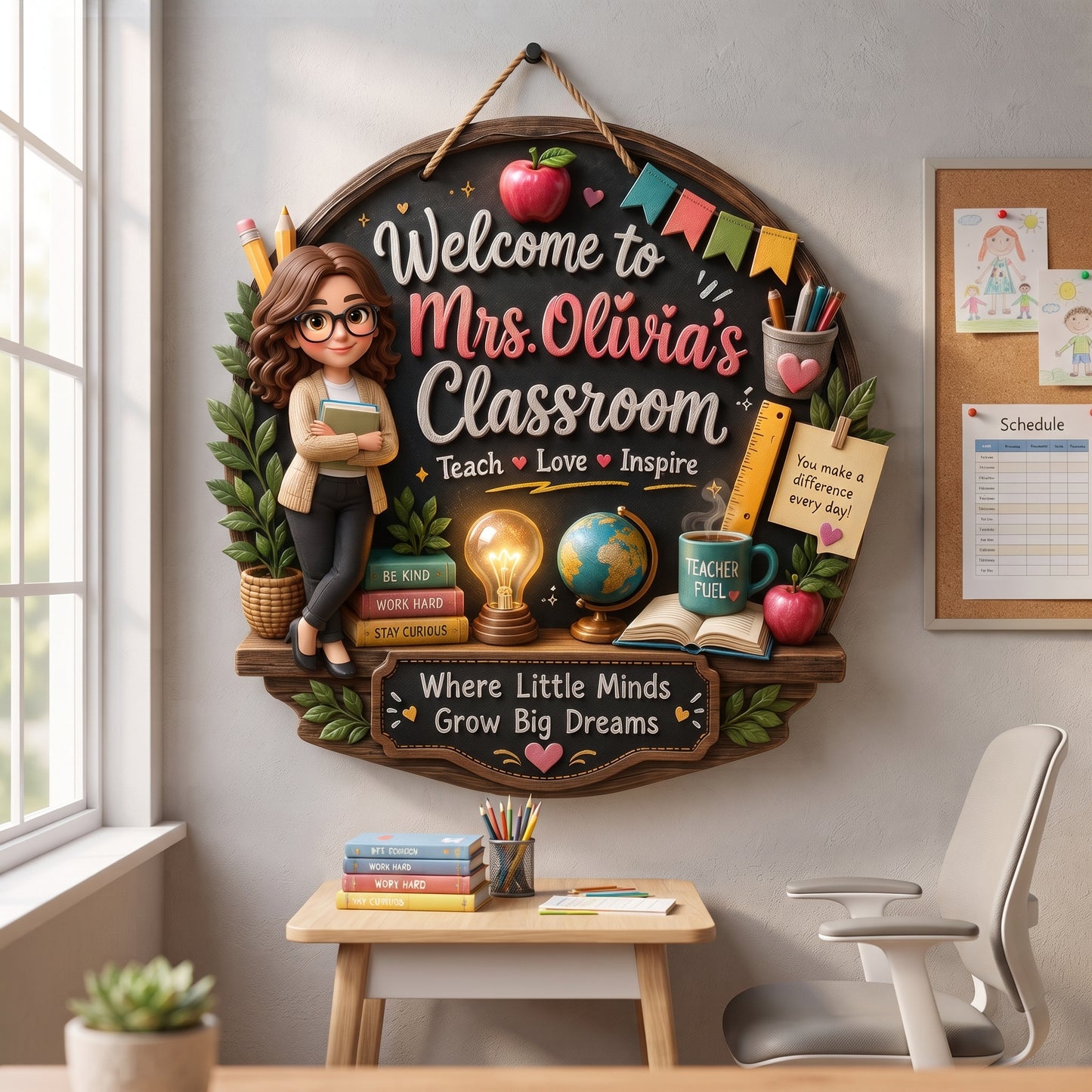 Personalized Wooden Sign with Cute Teacher Illustration, Inspire Learn Grow, Unique Creative Gift for Teacher