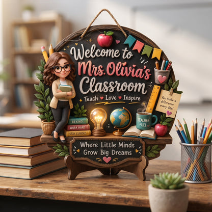 Personalized Wooden Sign with Cute Teacher Illustration, Inspire Learn Grow, Unique Creative Gift for Teacher