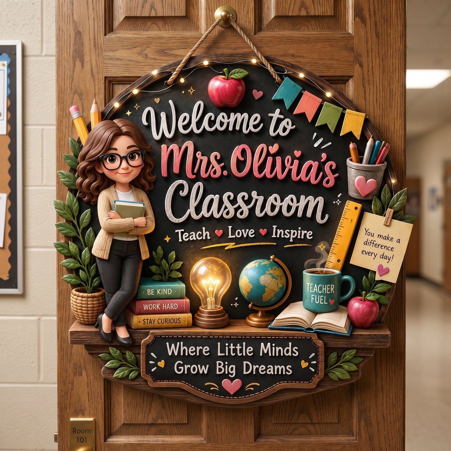 Personalized Wooden Sign with Cute Teacher Illustration, Inspire Learn Grow, Unique Creative Gift for Teacher
