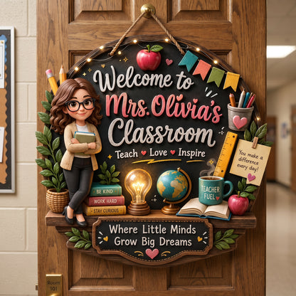 Personalized Wooden Sign with Cute Teacher Illustration, Inspire Learn Grow, Unique Creative Gift for Teacher