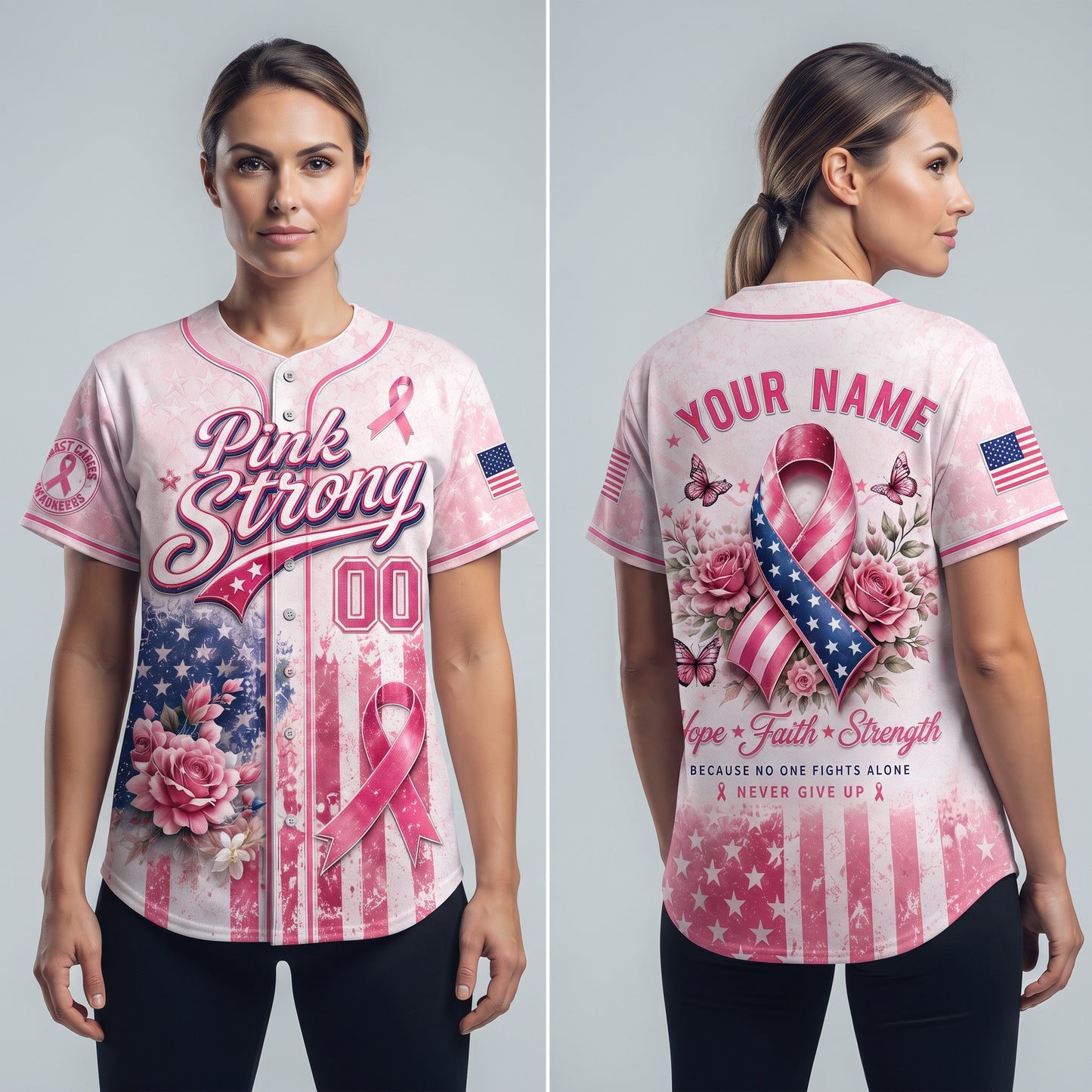 Personalized Pink Strong Breast Cancer Awareness Baseball Jersey – Custom Name & Number, Hope Faith Strength Survivor Support Shirt