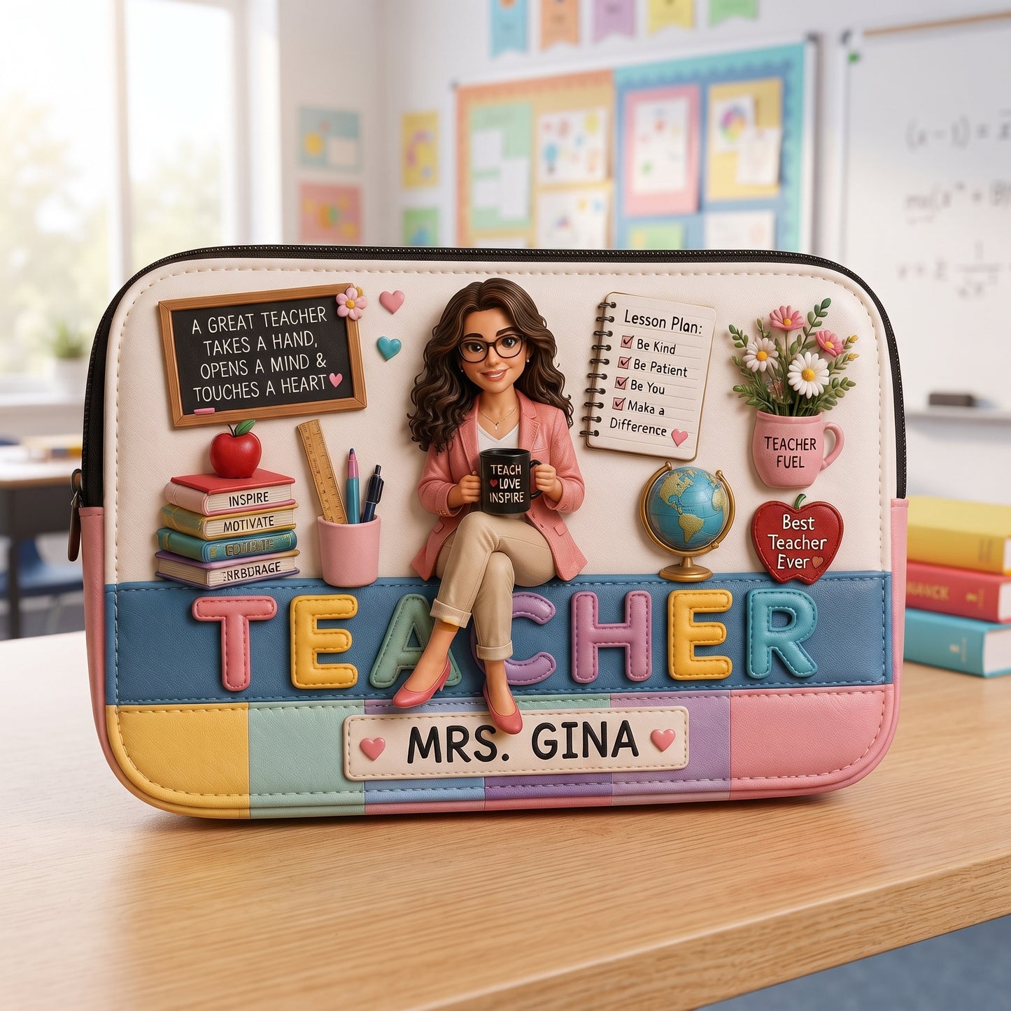 Personalized Teacher Pencil Case – Custom Photo Teacher Portrait Bag, School Supplies Organizer, Teacher Appreciation Gift