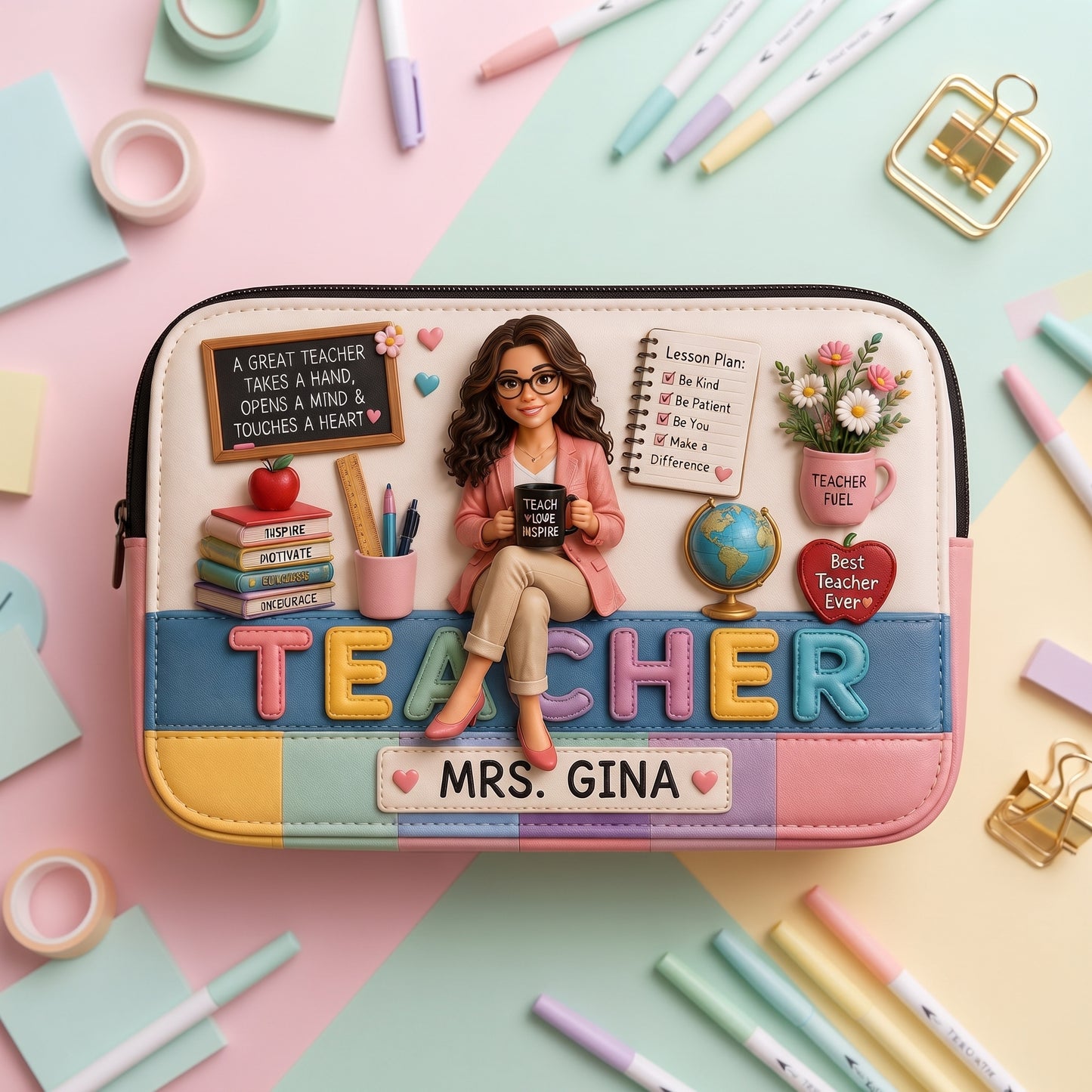 Personalized Teacher Pencil Case – Custom Photo Teacher Portrait Bag, School Supplies Organizer, Teacher Appreciation Gift