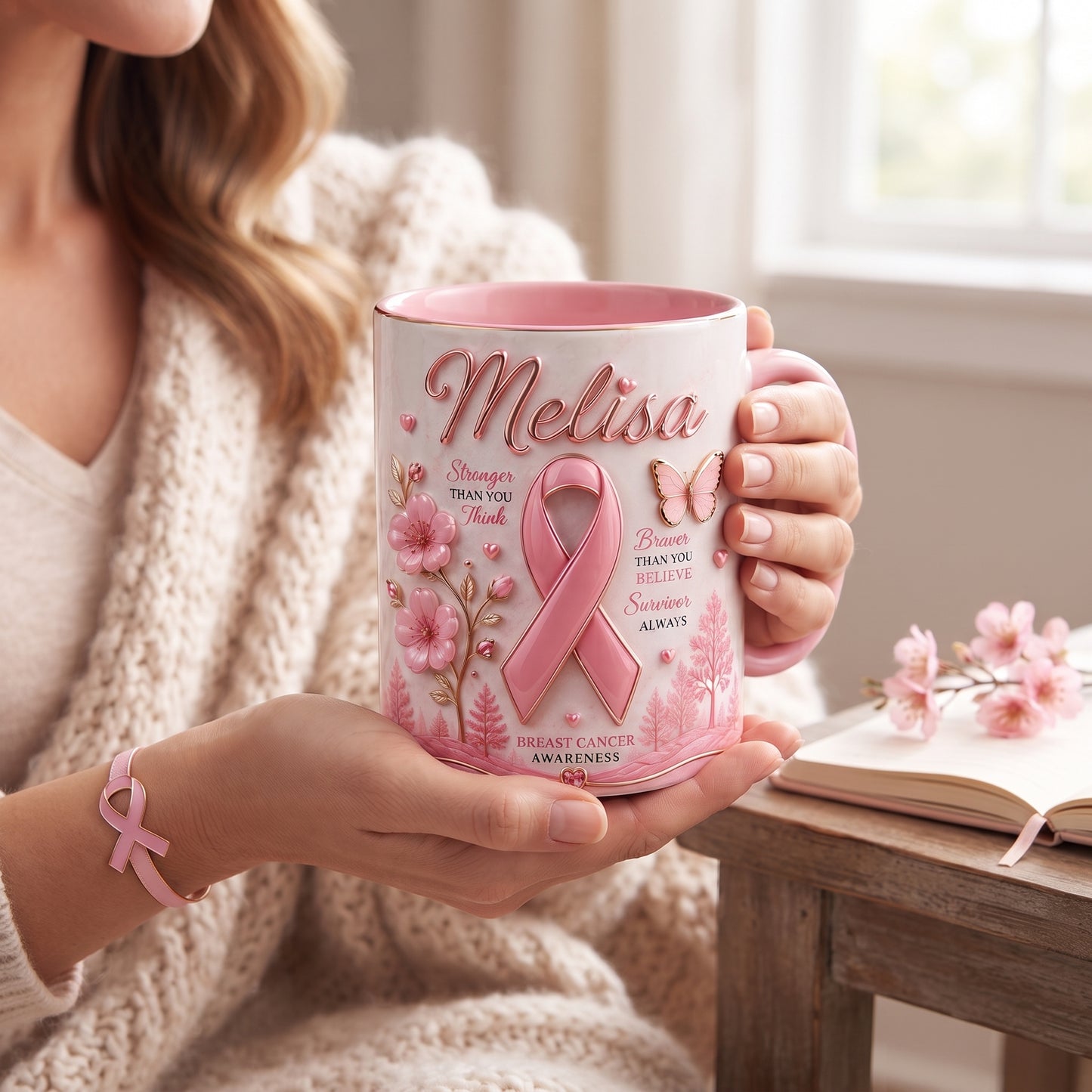 Personalized Breast Cancer Awareness Mug – Stronger, Braver, Survivor Gift