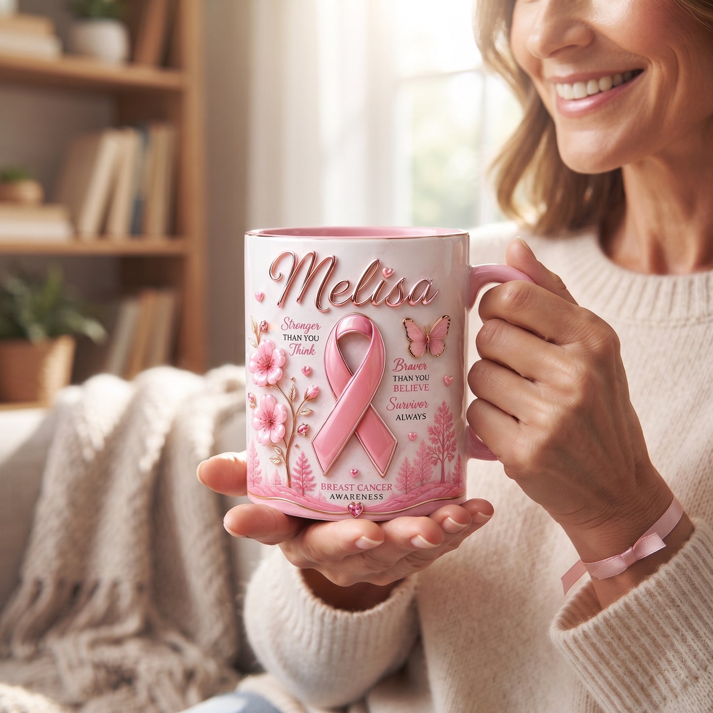 Personalized Breast Cancer Awareness Mug – Stronger, Braver, Survivor Gift