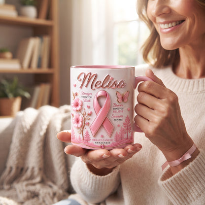 Personalized Breast Cancer Awareness Mug – Stronger, Braver, Survivor Gift