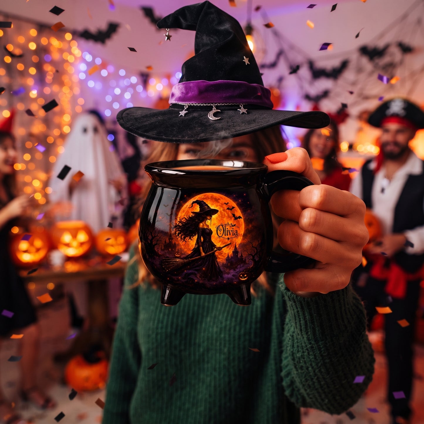 Custom Witch Cauldron Coffee Mug - Personalized Halloween Witchy Gifts For Besties, Sisters, BFF, Family, Yourself - Witching You A Wicked Brew