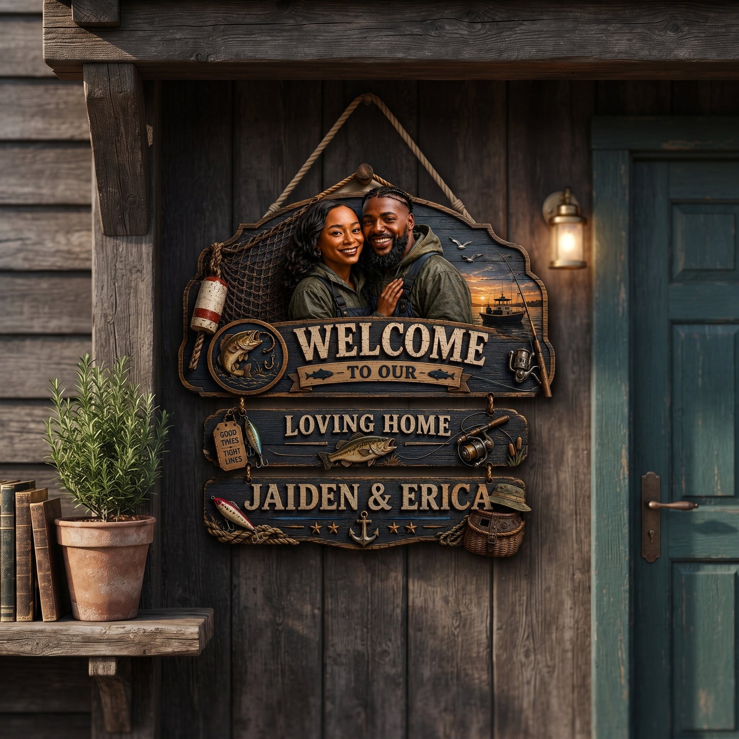Personalized Fisherman Couple Pallet Wood Sign – Custom Fishing Family Welcome Sign – Rustic Angler Home Decor – Fishing Lover Gift for Couple, Dad, Husband