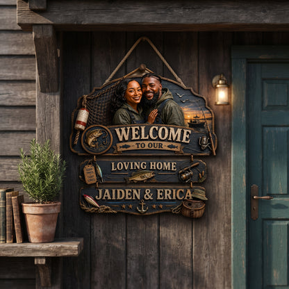 Personalized Fisherman Couple Pallet Wood Sign – Custom Fishing Family Welcome Sign – Rustic Angler Home Decor – Fishing Lover Gift for Couple, Dad, Husband