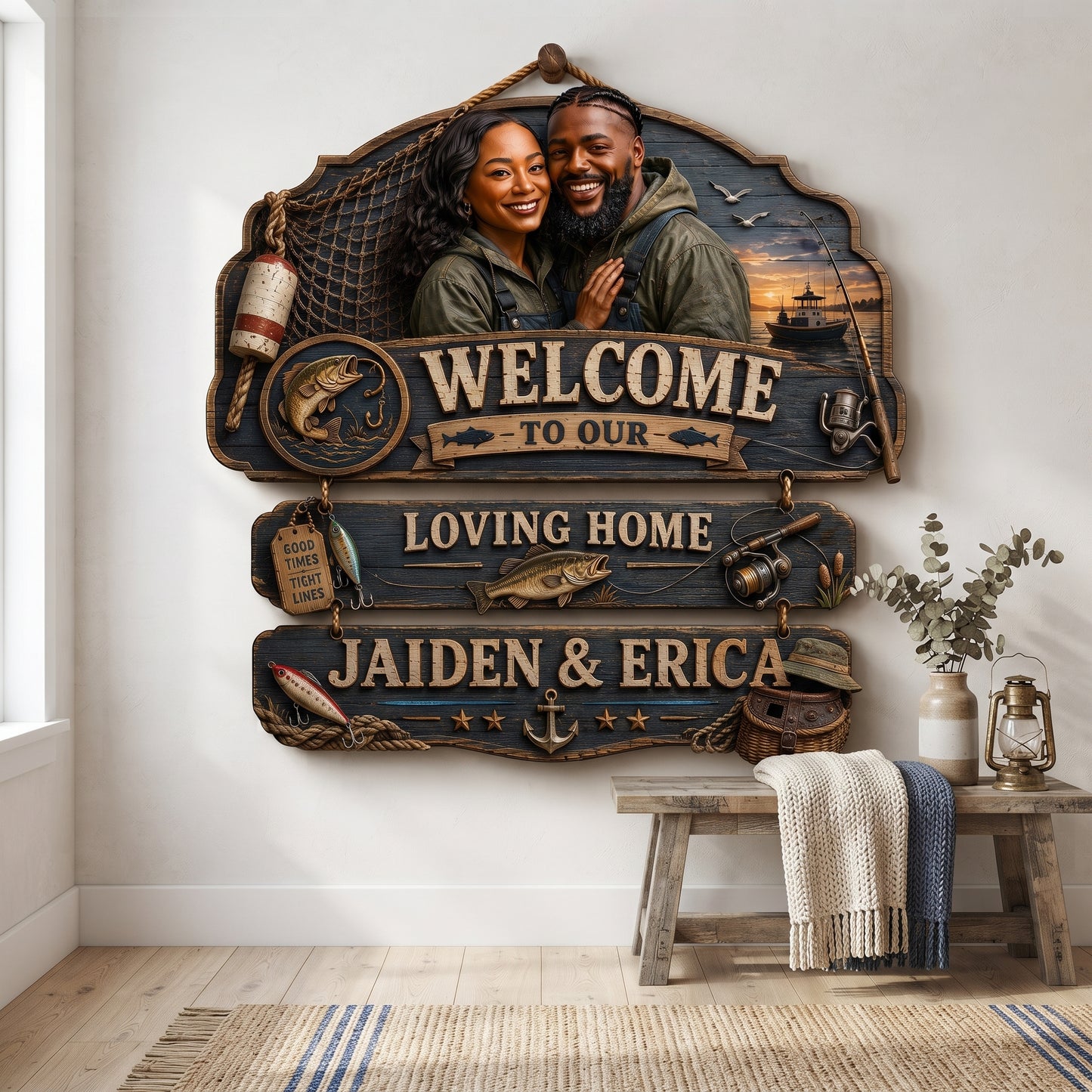 Personalized Fisherman Couple Pallet Wood Sign – Custom Fishing Family Welcome Sign – Rustic Angler Home Decor – Fishing Lover Gift for Couple, Dad, Husband