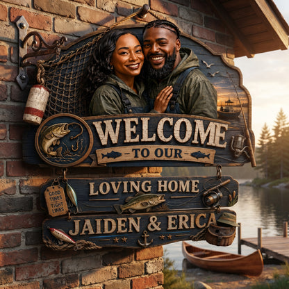 Personalized Fisherman Couple Pallet Wood Sign – Custom Fishing Family Welcome Sign – Rustic Angler Home Decor – Fishing Lover Gift for Couple, Dad, Husband