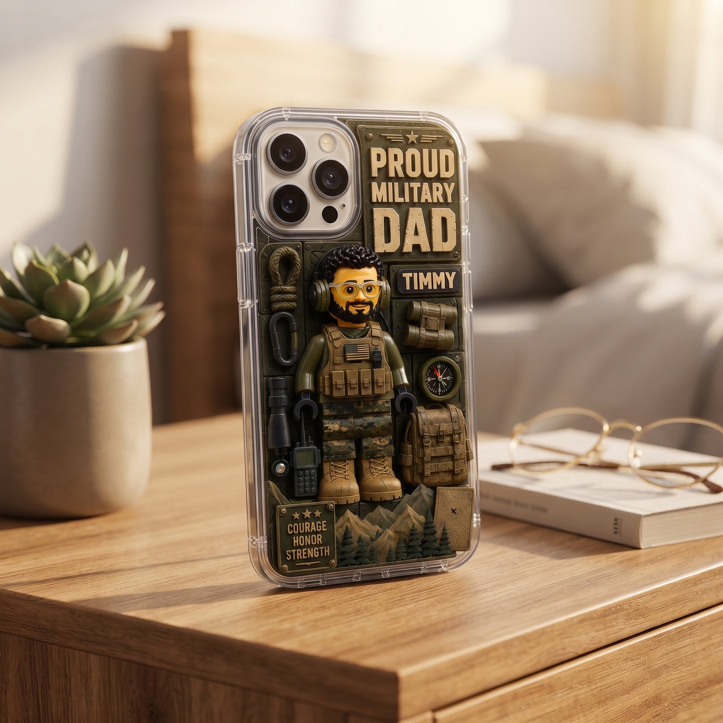 Personalized Proud Military Dad Phone Case – Custom Photo & Name Tactical 3D Style Clear Protective Phone Case for iPhone