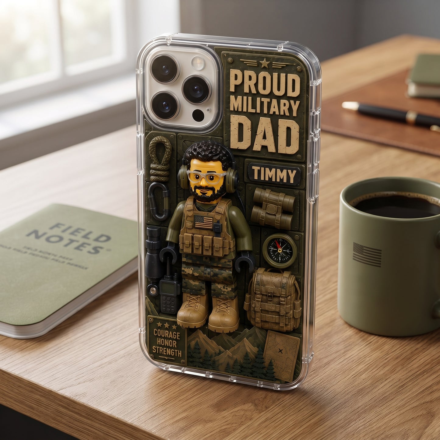 Personalized Proud Military Dad Phone Case – Custom Photo & Name Tactical 3D Style Clear Protective Phone Case for iPhone