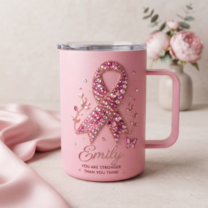 Personalized Pink Breast Cancer Awareness Crystal Ribbon Insulated Mug With Handle