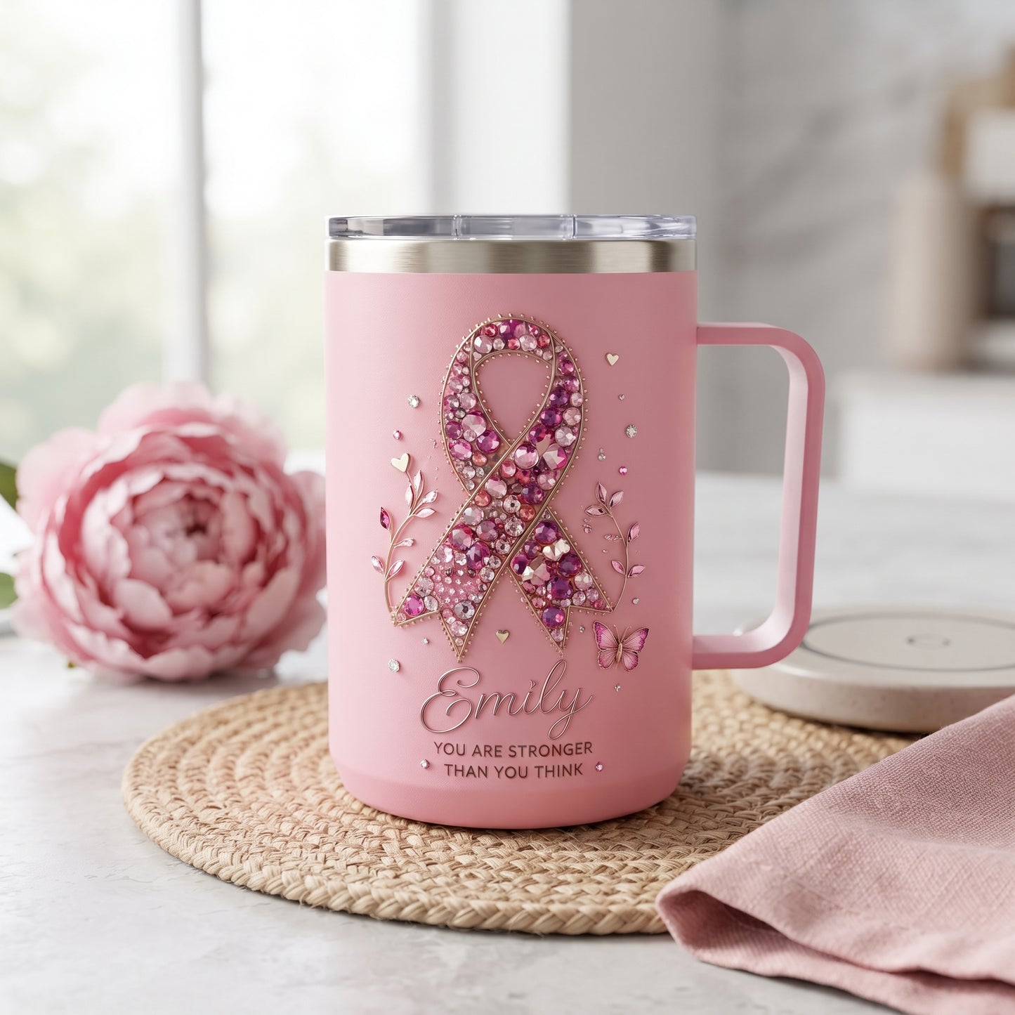 Personalized Pink Breast Cancer Awareness Crystal Ribbon Insulated Mug With Handle